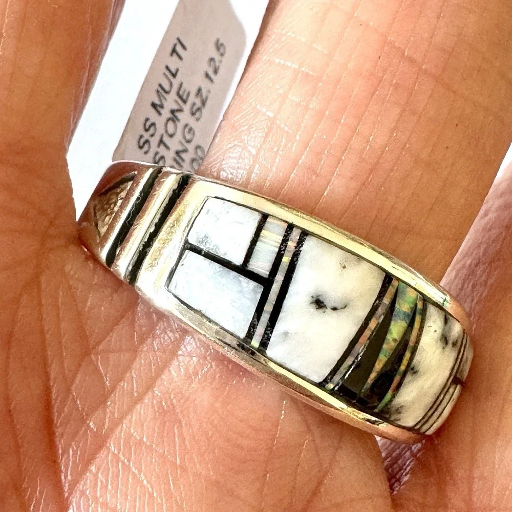 Navajo Wedding Band Sz 12.5 Inlay Ring Opal White Buffalo 10mm Mens Signed Tolin